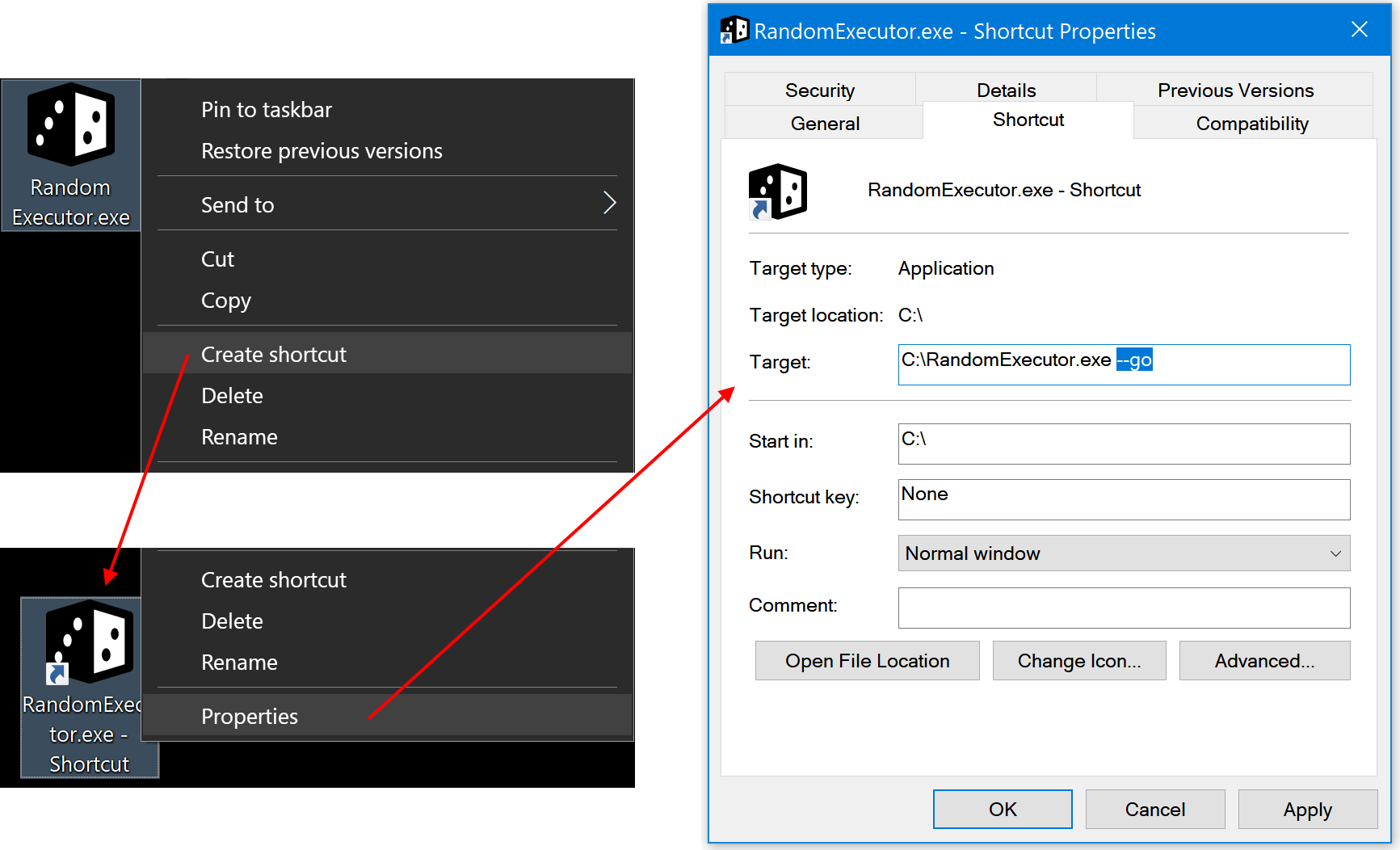 Screenshot customising a shortcut to Random Executor
